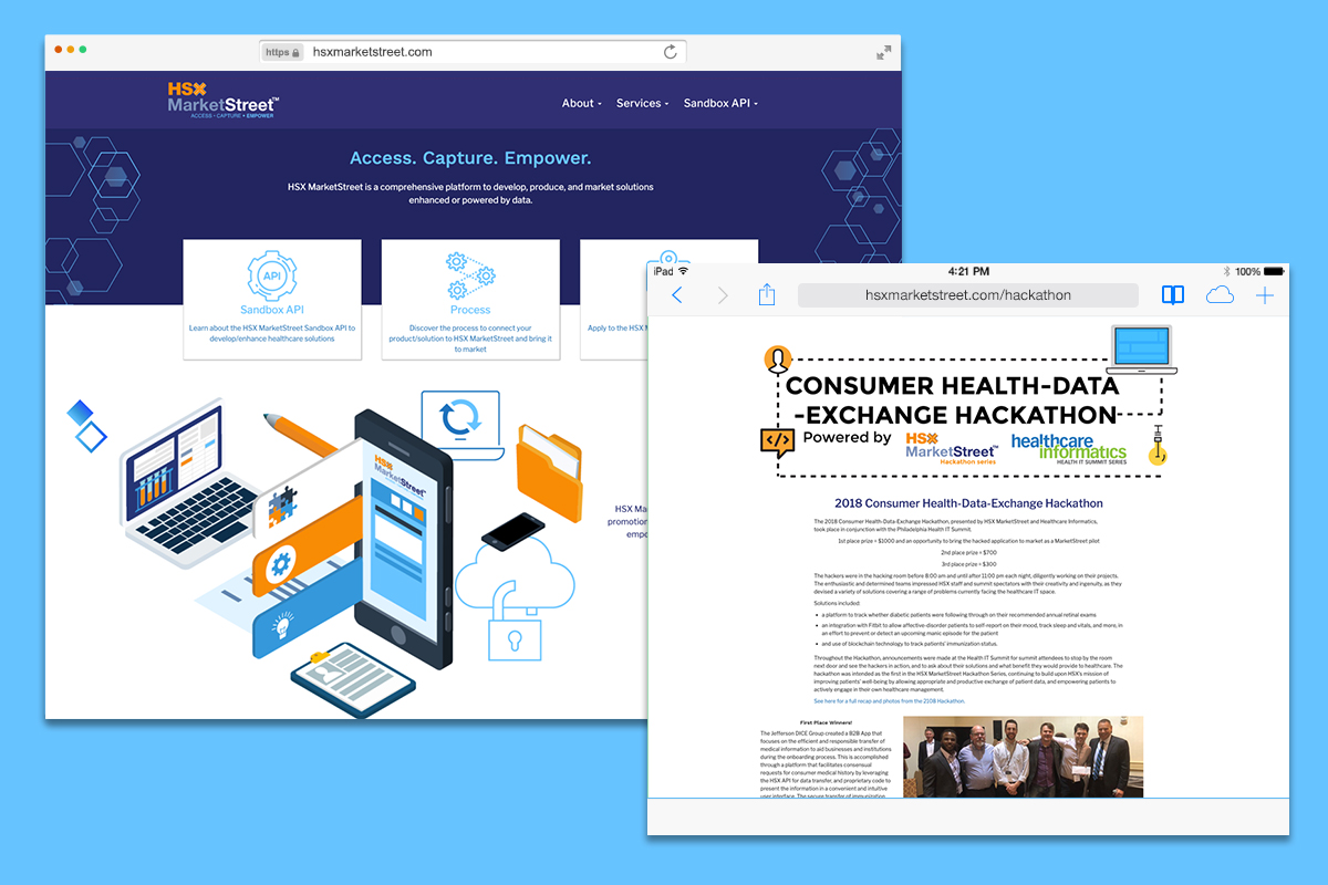 A display of the HSX Marketstreet Website in two flat browsers.